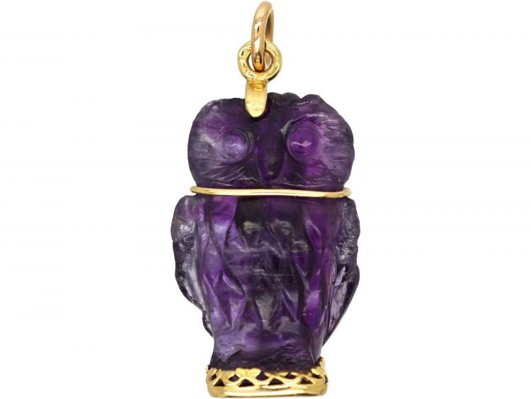 French 18ct Gold & Carved Amethyst Pendant of an Owl