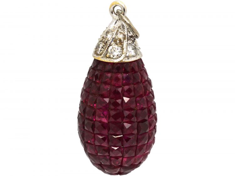 Art Deco Platinum, Invisible Set French Cut Ruby & Diamond Pear Shaped Pendant