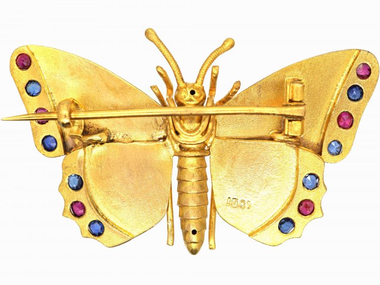 Edwardian 15ct Gold Butterfly Brooch set with Rubies & Sapphires