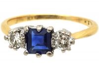 Art Deco 18ct Gold, Square Cut Sapphire & Diamond Three Stone Ring