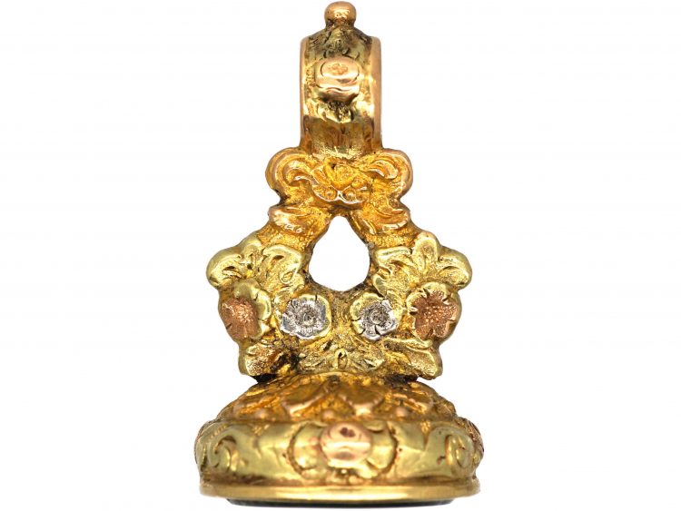 Georgian Three Colour 15ct Gold Seal with Bloodstone Intaglio of Flower