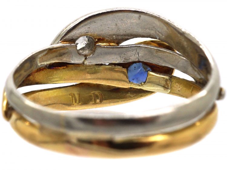 Art Deco 18ct Gold and Platinum Double Snake Ring set with a Sapphire and Diamond