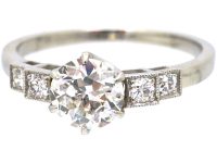 Art Deco Platinum, Diamond Solitaire Ring with Diamond Set Shoulders