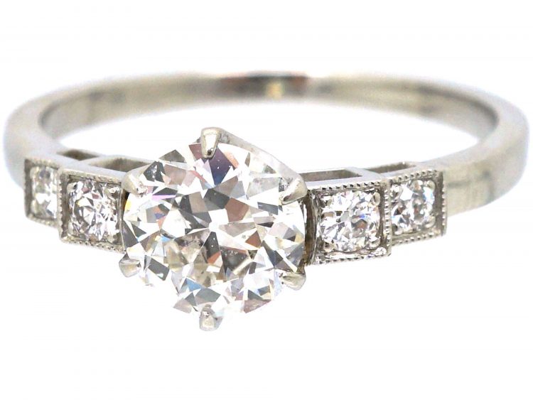 Art Deco Platinum, Diamond Solitaire Ring with Diamond Set Shoulders