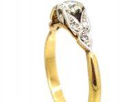 Art Deco 18ct Gold and Platinum, Diamond Solitaire Ring with Diamond Set Leaf Shoulders