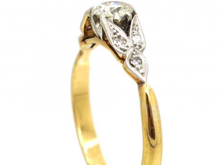 Art Deco 18ct Gold and Platinum, Diamond Solitaire Ring with Diamond Set Leaf Shoulders