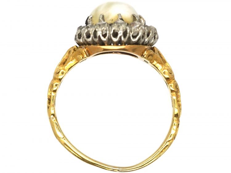Victorian 18ct Gold, Natural Pearl & Old Mine Cut Diamond Cluster Ring