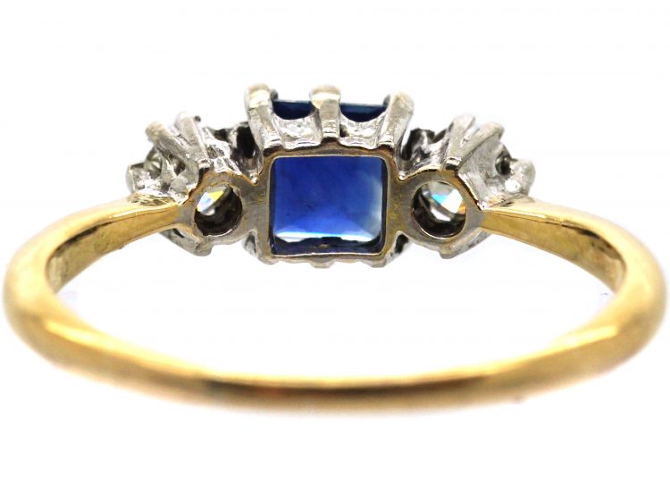 Art Deco 18ct Gold, Square Cut Sapphire & Diamond Three Stone Ring