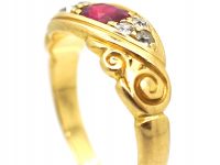 Edwardian 18ct Gold, Burma Ruby and Diamond Scroll Ring