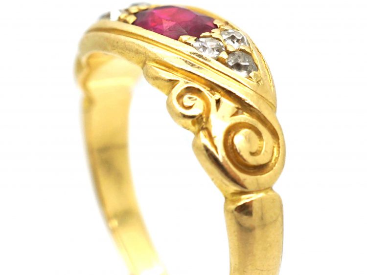 Edwardian 18ct Gold, Burma Ruby and Diamond Scroll Ring