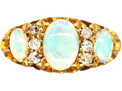 Edwardian 18ct Gold, Three Stone Opal & Diamond Ring