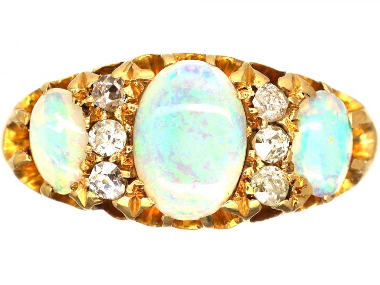 Edwardian 18ct Gold, Three Stone Opal & Diamond Ring