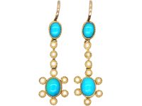 Edwardian 15ct Gold, Turquoise & Natural Split Pearl Drop Cluster Earrings