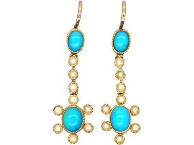 Edwardian 15ct Gold, Turquoise & Natural Split Pearl Drop Cluster Earrings