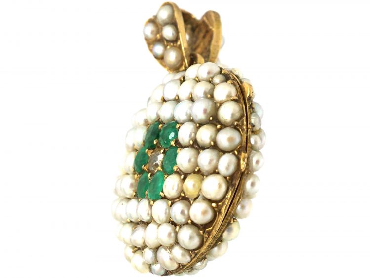 Edwardian 15ct Gold Double Sided Round Locket set with Pearls, Emeralds & Diamonds