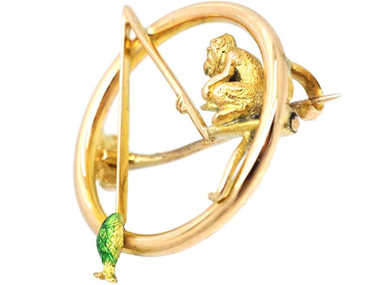Edwardian 15ct Gold Monkey & Fish Novelty Brooch