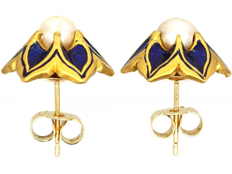 Victorian 18ct Gold, Royal Blue Enamel & Natural Pearl Stud Earrings