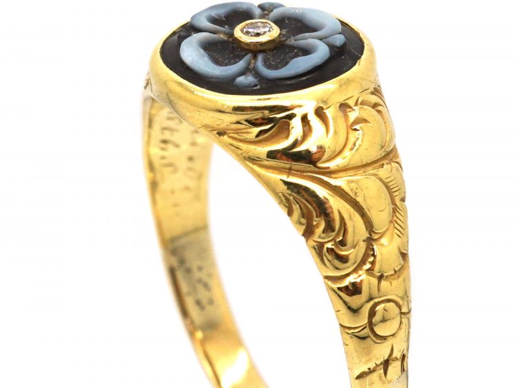 Early Victorian 18ct Gold Mourning Ring with Banded Sardonyx of a Flower