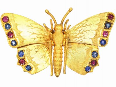 Edwardian 15ct Gold Butterfly Brooch set with Rubies & Sapphires