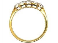Edwardian 18ct Gold, Rub Over Set Green Garnet & Diamond Five Stone Ring