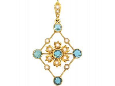 Edwardian 15ct Gold Aquamarine & Natural Split Pearl diamond Shaped Pendant