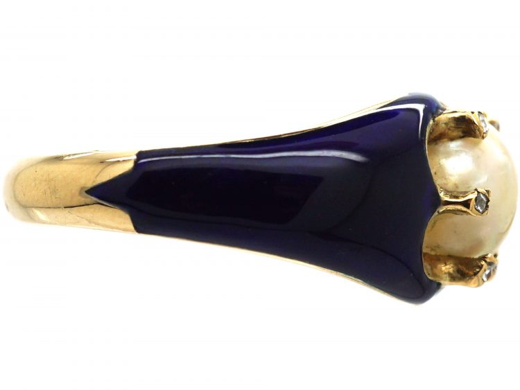 Victorian 18ct Gold, Blue Enamel, Rose Diamond & Natural Pearl Ring