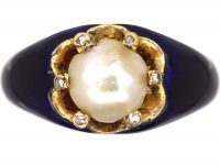 Victorian 18ct Gold, Blue Enamel, Rose Diamond & Natural Pearl Ring