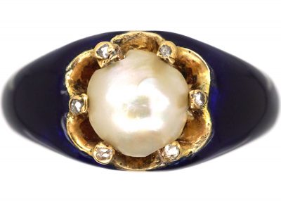 Victorian 18ct Gold, Blue Enamel, Rose Diamond & Natural Pearl Ring