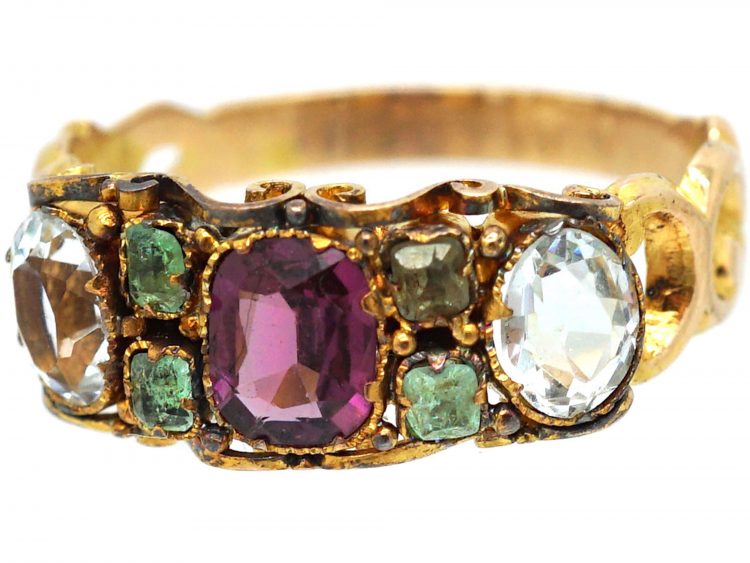 Regency 15ct Gold, Garnet, Green Beryl, Aquamarine and Paste Ring