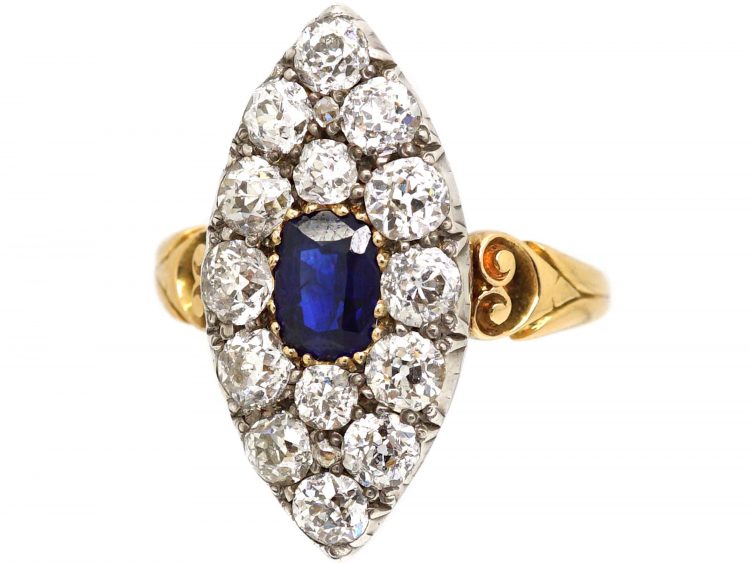 Victorian 18ct Gold, Large Sapphire and Diamond Marquise Shaped Ring
