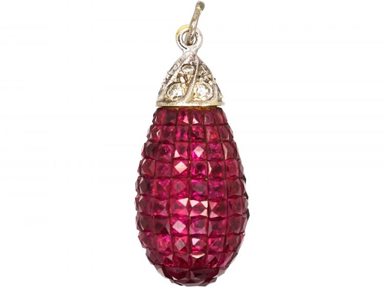Art Deco Platinum, Invisible Set French Cut Ruby & Diamond Pear Shaped Pendant