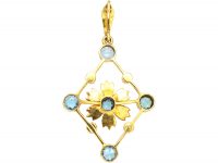 Edwardian 15ct Gold Aquamarine & Natural Split Pearl diamond Shaped Pendant