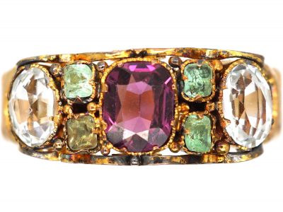Regency 15ct Gold, Garnet, Green Beryl, Aquamarine and Paste Ring