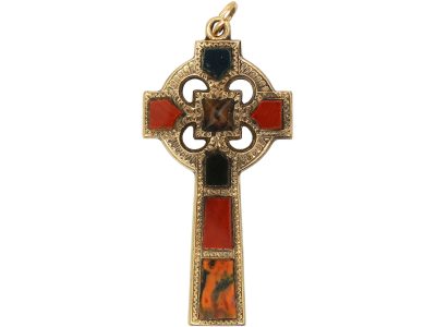 Victorian Gold Scottish Cross Pendant set with Bloodstone, Carnelian and Agate