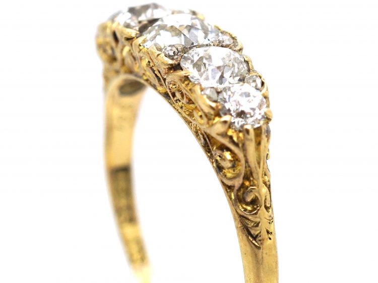 Victorian 18ct Gold, Five Stone Diamond Carved Half Hoop Ring