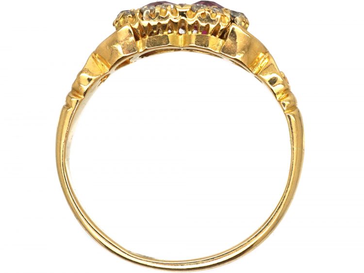 Edwardian 18ct Gold, Ruby and Diamond Conjoined Double Cluster Ring