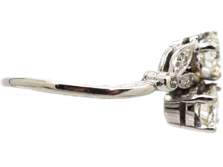 Art Deco Platinum, Two Stone Diamond Ring with Leaf Detail
