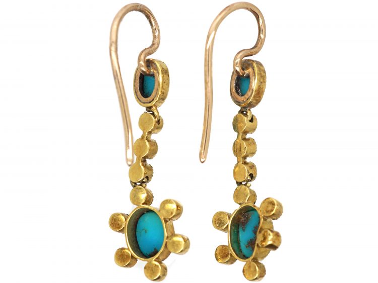 Edwardian 15ct Gold, Turquoise & Natural Split Pearl Drop Cluster Earrings