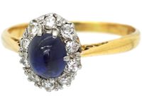 Art Deco 18ct Gold, Cabochon Sapphire & Diamond Cluster Ring