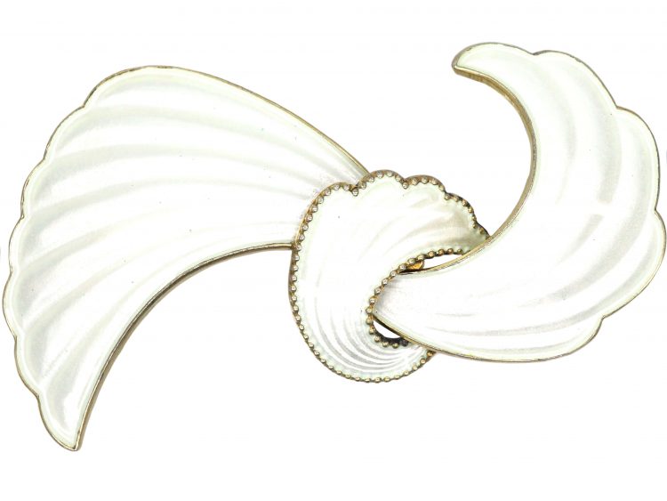 Norwegian Silver & White Enamel Bow Brooch by Elvic & Co