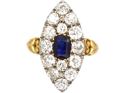 Victorian 18ct Gold, Large Sapphire and Diamond Marquise Shaped Ring