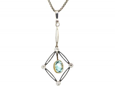 Art Deco 15ct Gold & Platinum Aquamarine & Diamond Drop Pendant on Chain in Original Case