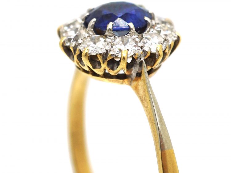 Edwardian 18ct Gold and Platinum, Sapphire and Diamond Cluster Ring