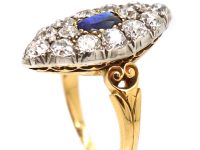 Victorian 18ct Gold, Large Sapphire and Diamond Marquise Shaped Ring