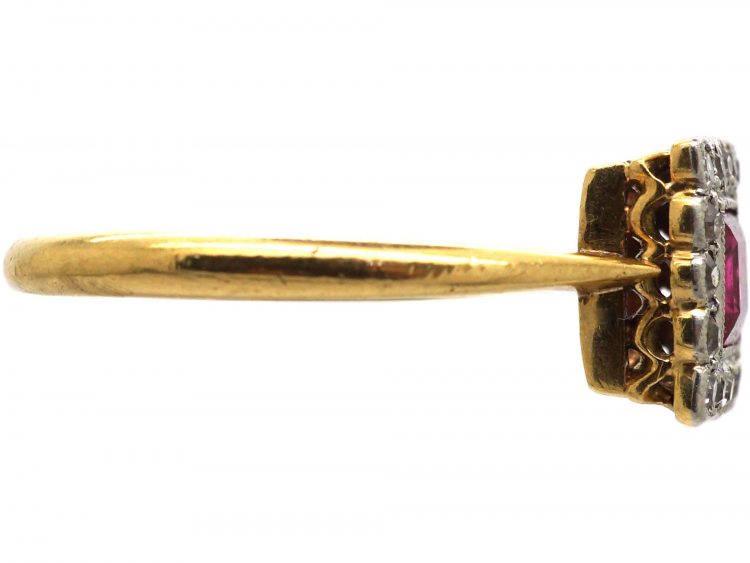 Art Deco 18ct Gold & Platinum, Ruby & Diamond Square Ring