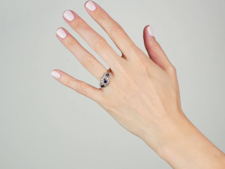Victorian 18ct Gold, Sapphire and Diamond Triple Cluster Ring