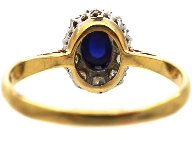 Art Deco 18ct Gold, Cabochon Sapphire & Diamond Cluster Ring