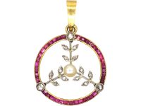 French Art Deco 18ct Gold and Platinum, Ruby, Natural Pearl and Rose Diamond Round Pendant with Floral Detail