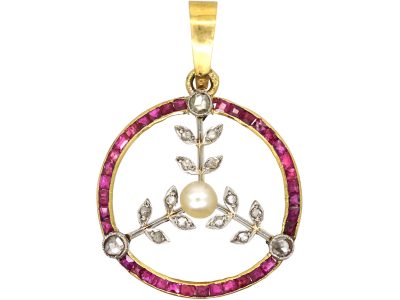 French Art Deco 18ct Gold and Platinum, Ruby, Natural Pearl and Rose Diamond Round Pendant with Floral Detail