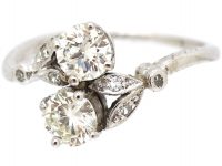 Art Deco Platinum, Two Stone Diamond Ring with Leaf Detail